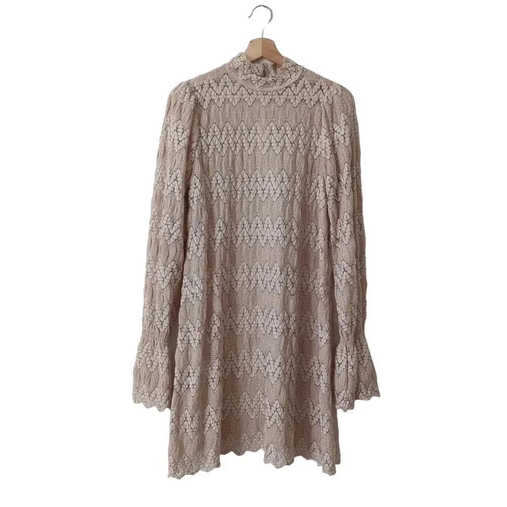 Free People Simone Lace Dress Long Sleeve Mini Sheer Bell Sleeve Beige Crochet M